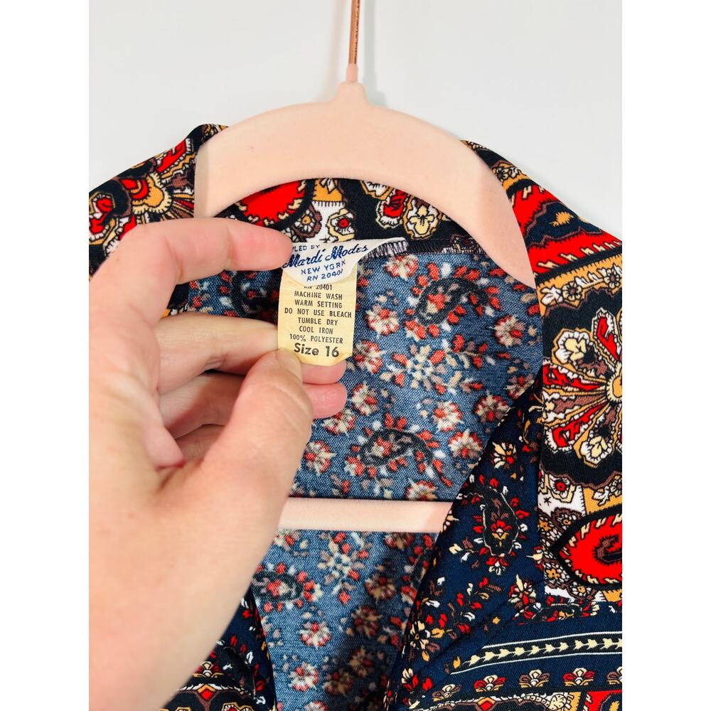 Vintage 70s Floral Paisley Poly Henley Collar Mardi Modes Size Large View 3